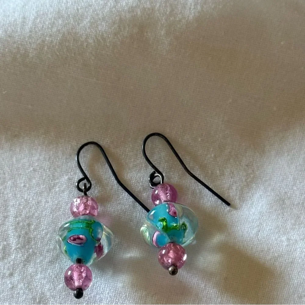Pink and Blue Handblown Glass Bead Earrings
